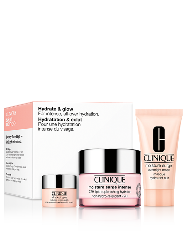 Hydrate &amp; Glow Intense arcápoló szett, &lt;strong&gt;A szett tartalma:&lt;/strong&gt;&lt;br&gt;• Moisture Surge Intense 72-Hour Lipid-Replenishing Hydrator50 ml&lt;br&gt;• Moisture Surge Overnight Mask 30 ml&lt;br&gt;• All About Eyes 5 ml