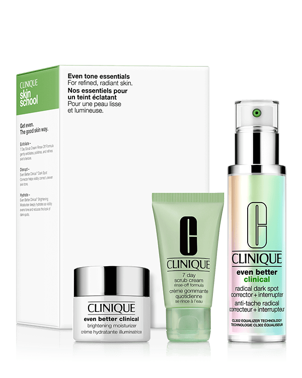 Even Tone Essentials arcápoló szett, &lt;strong&gt;A szett tartalma:&lt;/strong&gt;&lt;br&gt;• Even Better Clinical Radical Dark Spot Corrector &amp; Interruptor 50 ml&lt;br&gt;• 7 Day Scrub 30 ml&lt;br&gt;• NEW Even Better Clinical Brightening Moisturizer 15 ml