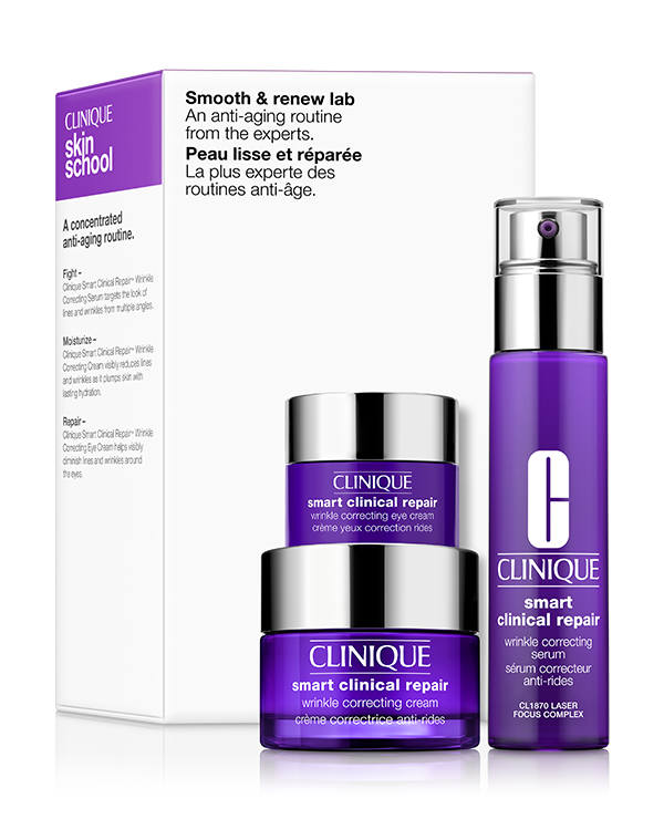 Smooth + Renew Lab arcápoló szett, &lt;strong&gt;A szett tartalma:&lt;/strong&gt;&lt;br&gt;• Clinique Smart Clinical Repair Wrinkle Correcting Serum 30 ml&lt;br&gt;• Clinique Smart Clinical Repair Wrinkle Correcting Cream15 ml&lt;br&gt;• Clinique Smart Clinical Repair Wrinkle Correcting Eye Cream5 ml